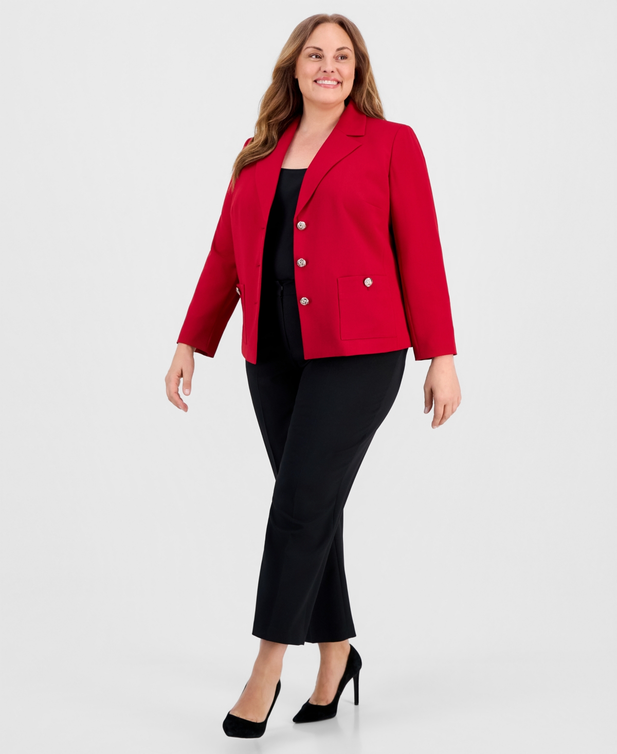 Kasper Plus Size Stretch Crepe Three-button Blazer In Red