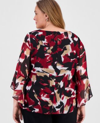 Plus Size Printed Chiffon Ruffled-Sleeve Top