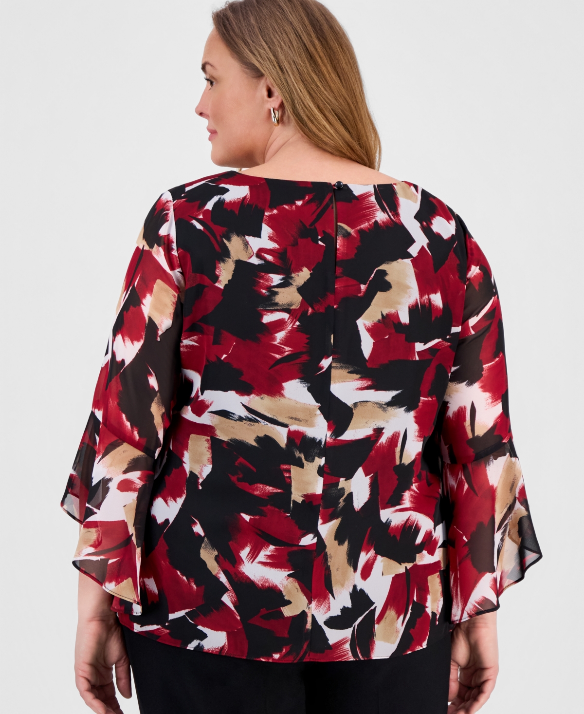 Kasper Plus Size Printed Chiffon Ruffled-Sleeve Top