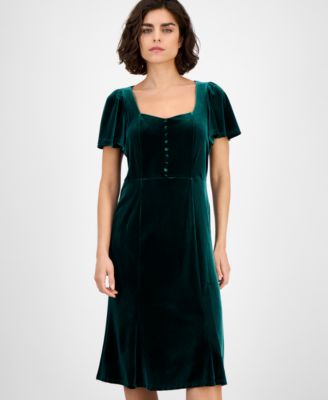 Women's Sweetheart-Neck Puff Sleeve Velvet Midi Dress