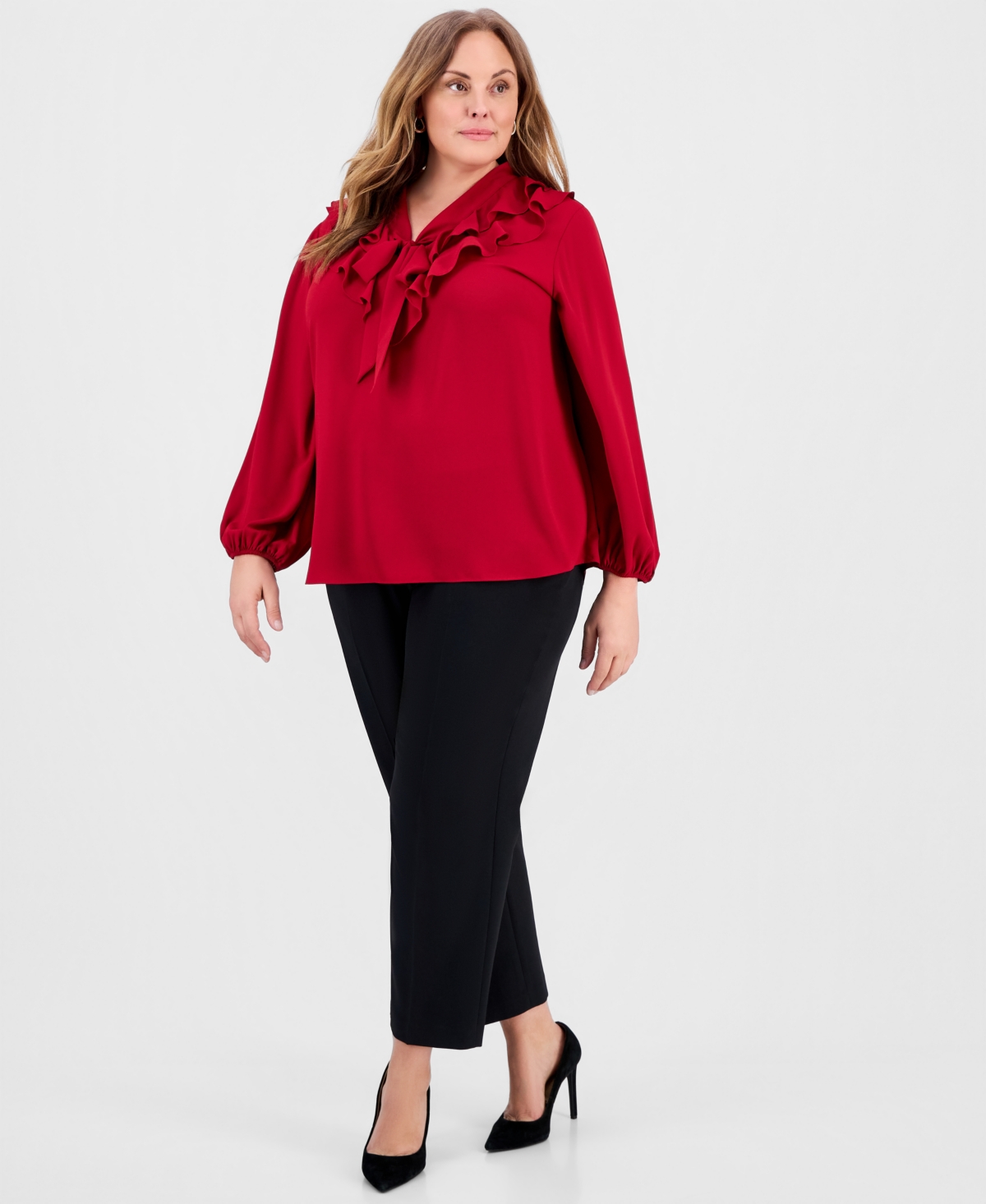 Kasper Plus Ruffled Tie-Front V-Neck Top