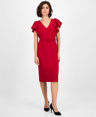 Women's V-Neck Ruffle-Sleeve Sheath Dress