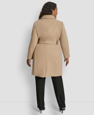 Plus Size Belted Zip-Up Wool Coat