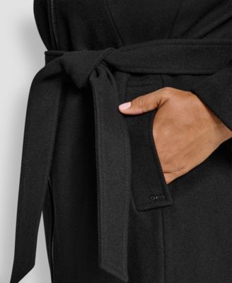 Plus Size Belted Zip-Up Wool Coat