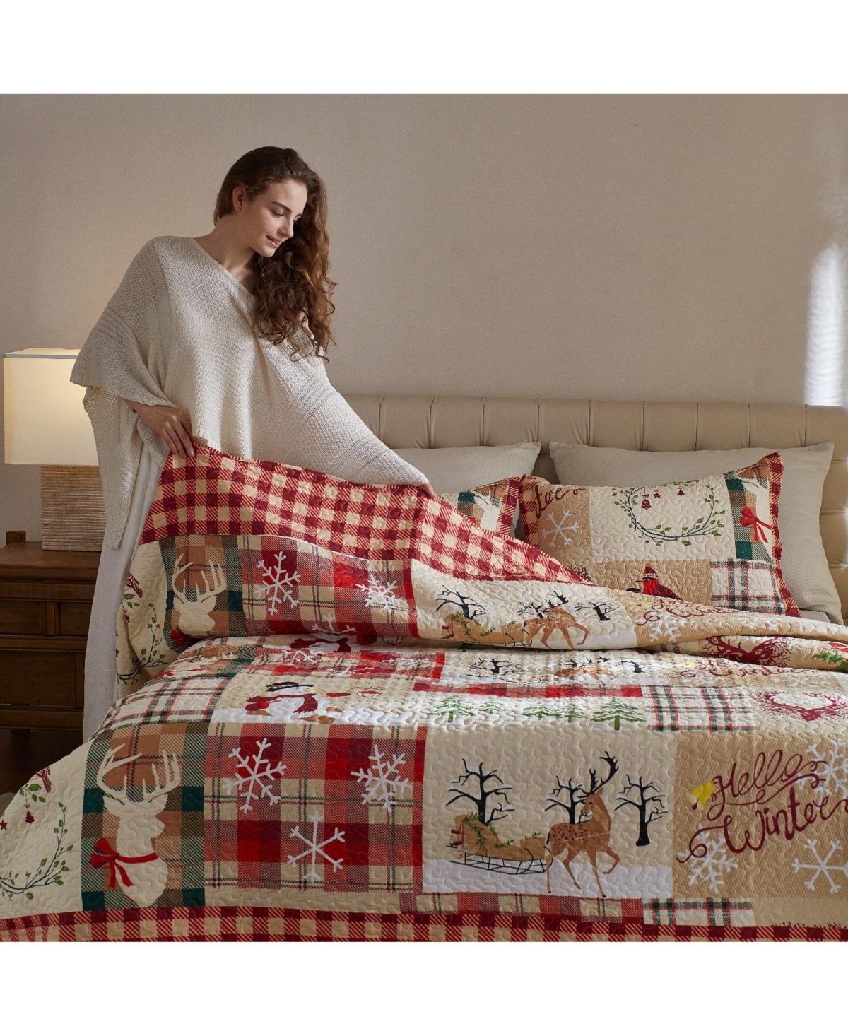 MarCielo 3 Piece Christmas Quilt Bedspread Set Rustic Cabin Lodge Quilt B010