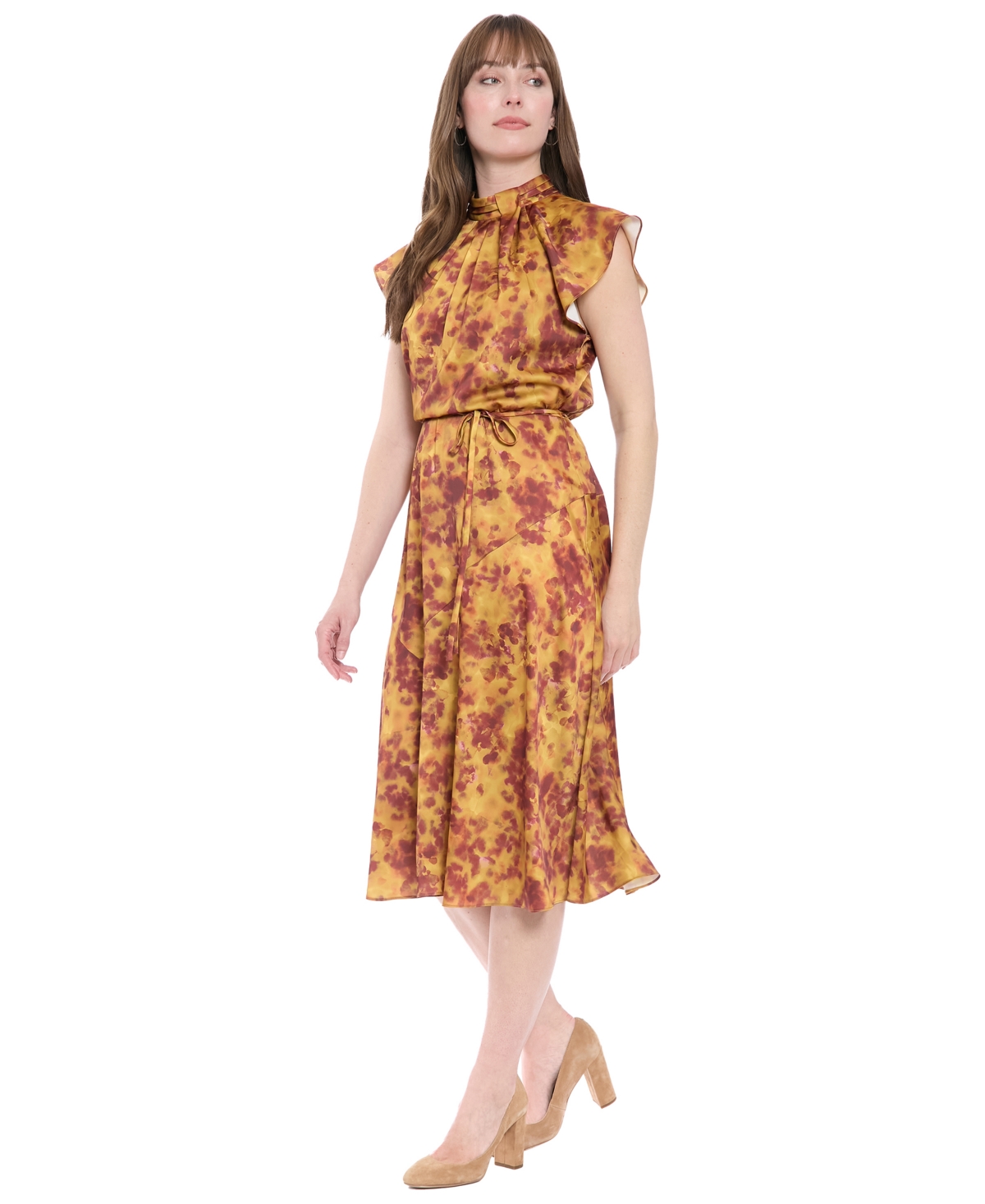 London Times Petite Printed Midi Dress In Brown