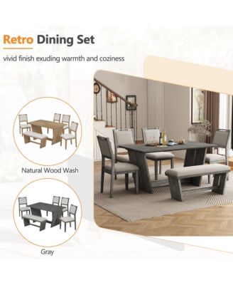 6-piece Retro Farmhouse Style Dining Set, Rectangular Table and 4 Upholstered Chairs with Rattan and Bench for Dining Room and Kitchen