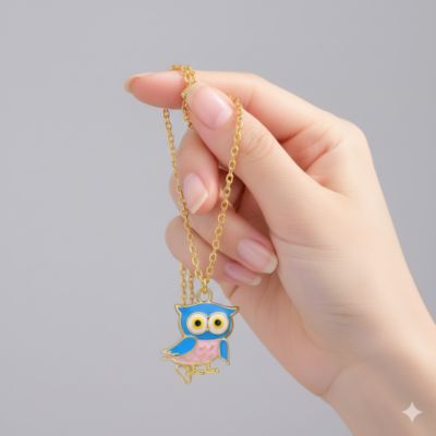 14K Gold Plated with Multi Color Enamel Owl Design Pendant Necklace