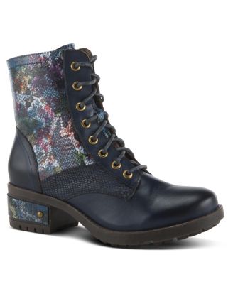 L Artiste Women s MARTY-MET Lace-Up Floral Metallic Boots with Faux Snakeskin Texture and Embossed Heel