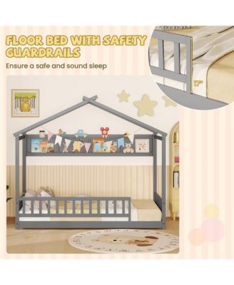 Twin Size House Bed w/Storage Shelf Headboard & Guardrail Wooden Slat Support