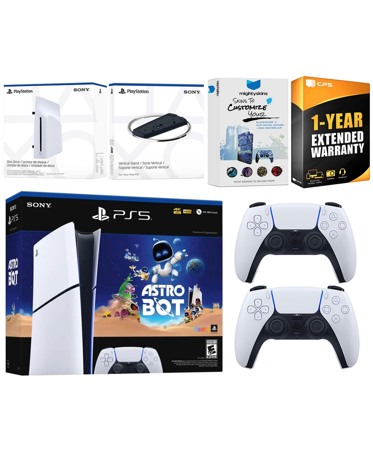 Sony PlayStation 5 Astro Bot Slim Digital Bundle with Disc Drive, Extra Controller, Vertical Stand, MightySkins Voucher and 1 Year Extended Warranty -