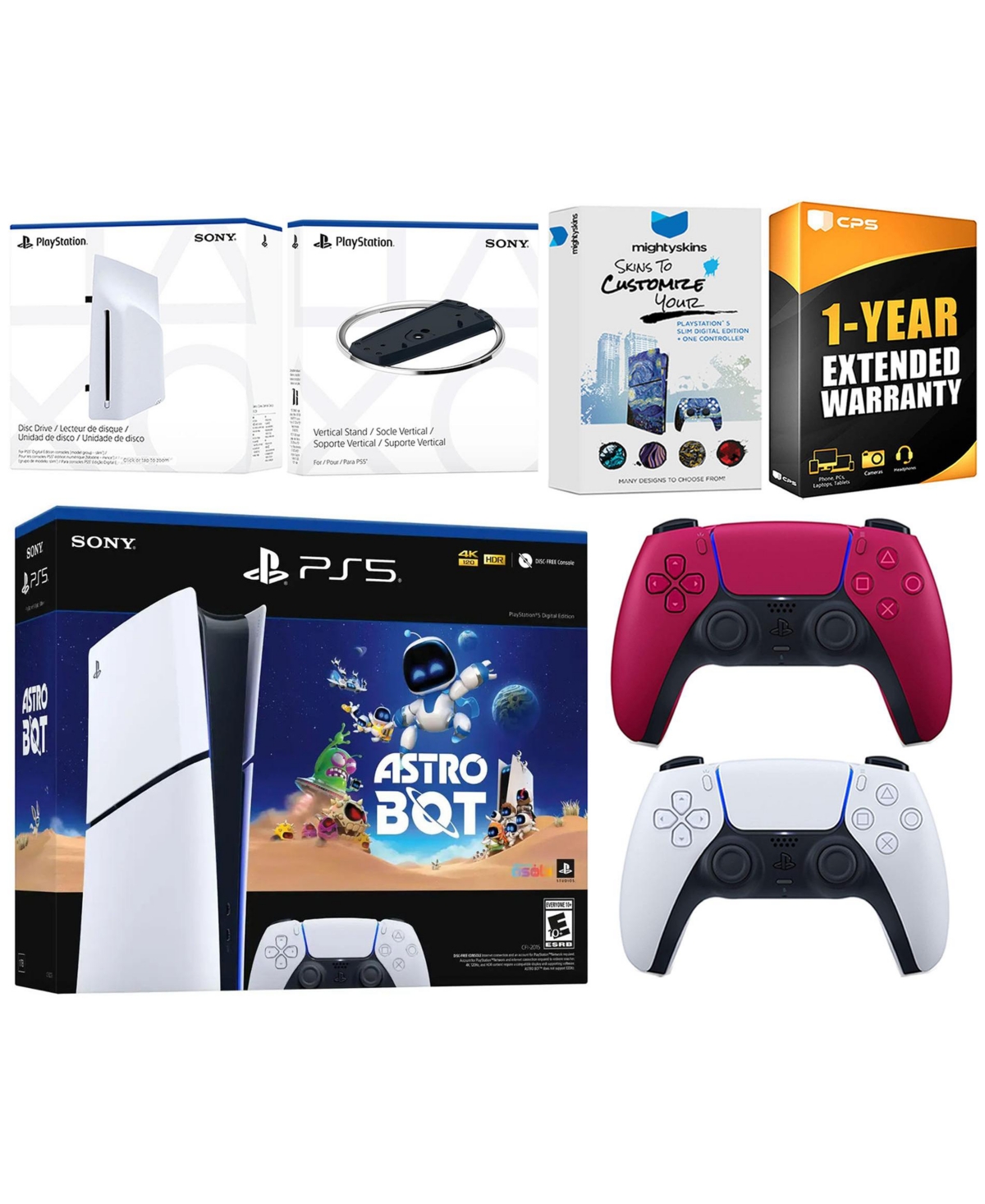 Sony PlayStation 5 Astro Bot Slim Digital Bundle with Disc Drive, Extra Controller, Vertical Stand, MightySkins Voucher and 1 Year Extended Warranty -