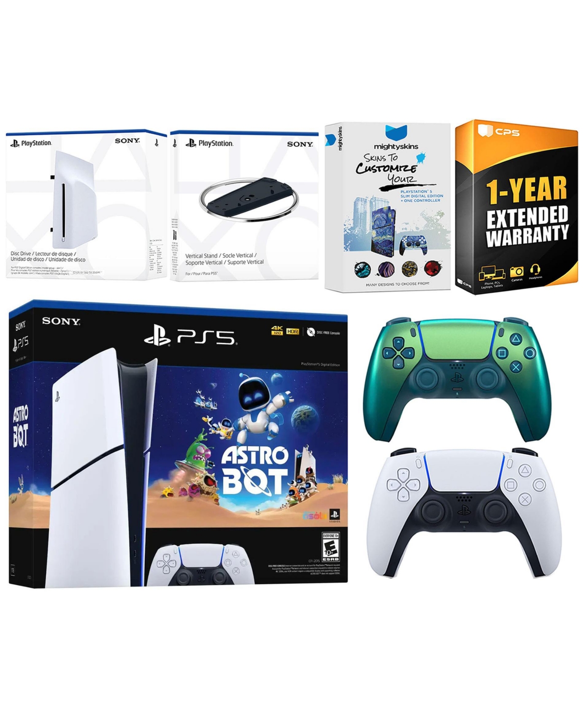 Sony PlayStation 5 Astro Bot Slim Digital Bundle with Disc Drive, Extra Controller, Vertical Stand, MightySkins Voucher and 1 Year Extended Warranty -