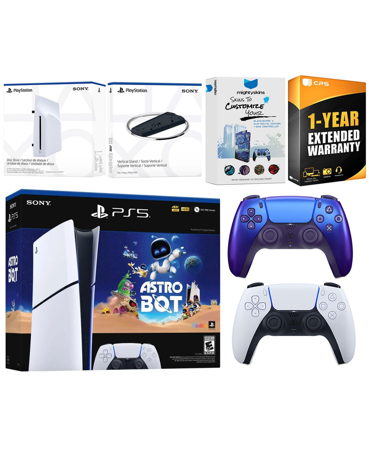 Sony PlayStation 5 Astro Bot Slim Digital Bundle with Disc Drive, Extra Controller, Vertical Stand, MightySkins Voucher and 1 Year Extended Warranty -