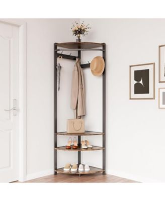 3-In-1 Narrow Corner Coat Rack Stand with Shoe Bench & Storage Shelf for Hallway, Bedroom, Living Room - Space Saving Coat Hooks & Shoe Rack