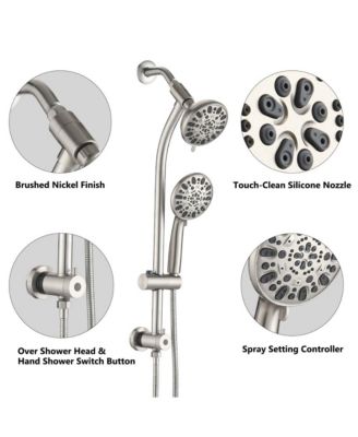 Drill-Free Stainless Steel Slide Bar Combo Rain Showerhead 7-Setting Hand, Dual Shower Head Spa System (Rough-in Valve Included)