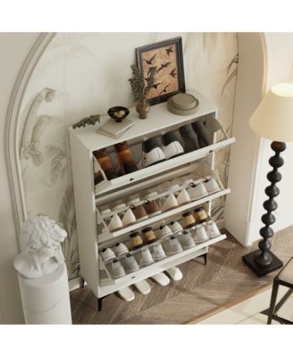Modern White Shoe Cabinet 3 Flip-Drawer