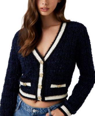 Juniors' Long-Sleeve Aomori Tape Yarn Detail V-Neck Cardigan Sweater