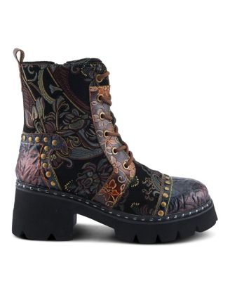 L Artiste Women s SEVERITY Hand-Painted Lace-Up Combat Boot with Studs, Suede Shaft, and Lug Sole