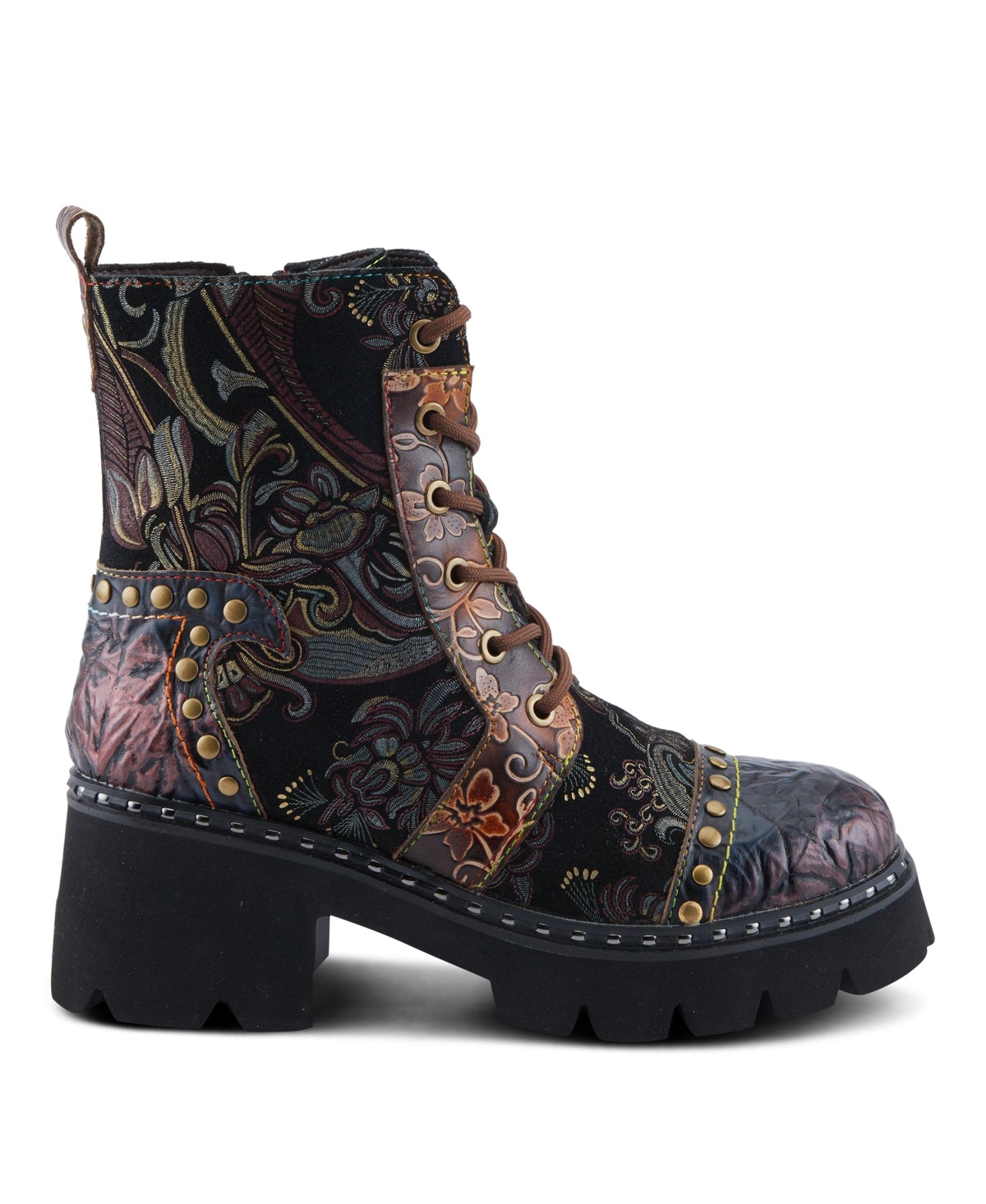 L Artiste Women s Severity Hand-Painted Lace-Up Combat Boot with Studs, Suede Shaft, and Lug Sole
