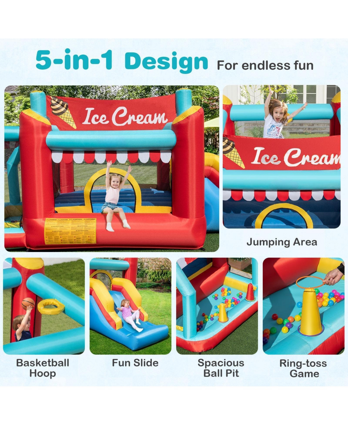 5-in-1 Ice Cream Inflatable Bounce House with Ball Pit & Slide