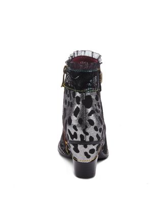 Women's Dessa French-Inspired Leather Booties with Animal Print and Metallic Suede, Ruffle Collar, Rainbow Stitching, and Cone Heel – Textured Zip-Up Statement Boot