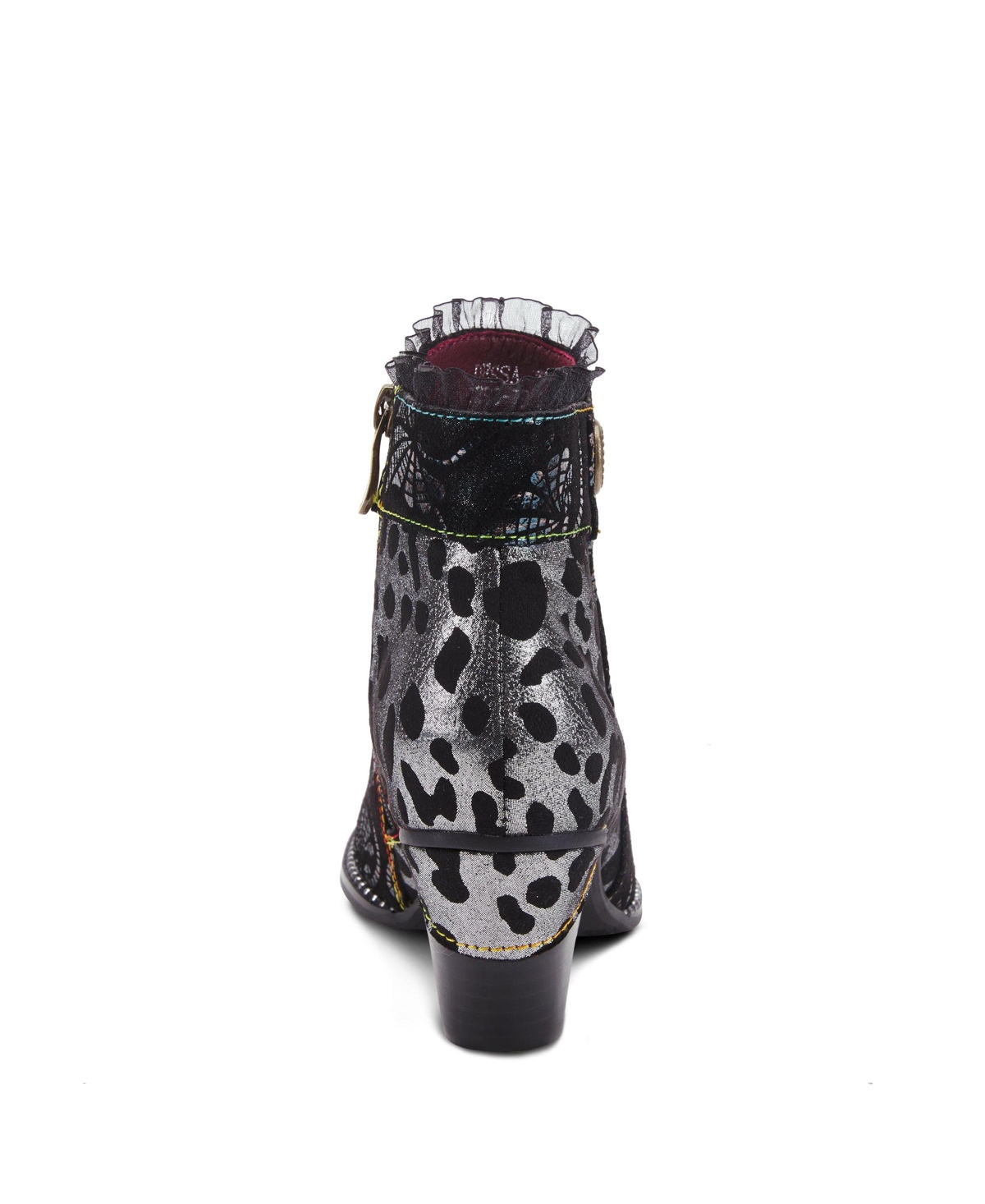 L'Artiste Women's Dessa French-Inspired Leather Booties with Animal Print and Metallic Suede, Ruffle Collar, Rainbow Stitching, Cone Heel – Textur