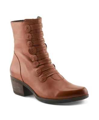 Garibaldi Leather Mid Boot with Decorative Lace and Button Detail on Block Heel