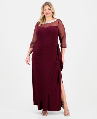 Plus Size Illusion-Trim Ruffled Gown