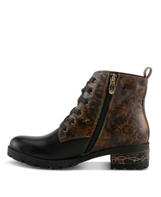 L’Artiste Women’s MARTINELA Floral Appliqu&eacute; Leather Boot with Rainbow Stitching and Lace-Up Detail