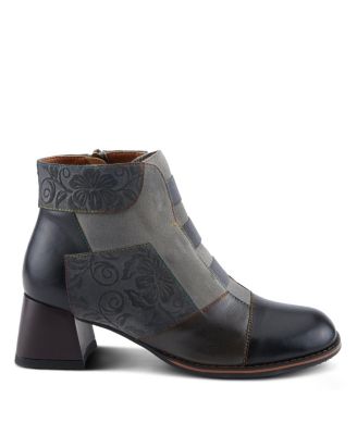 L’Artiste Women’s COPINE Multicolor Embossed Leather & Suede Booties with Velvet Lining and Chunky Heel