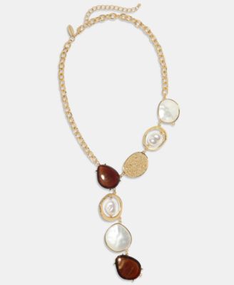 Style & Co - Disc, Stone & Imitation Pearl Lariat Necklace, 18" + 3" extender