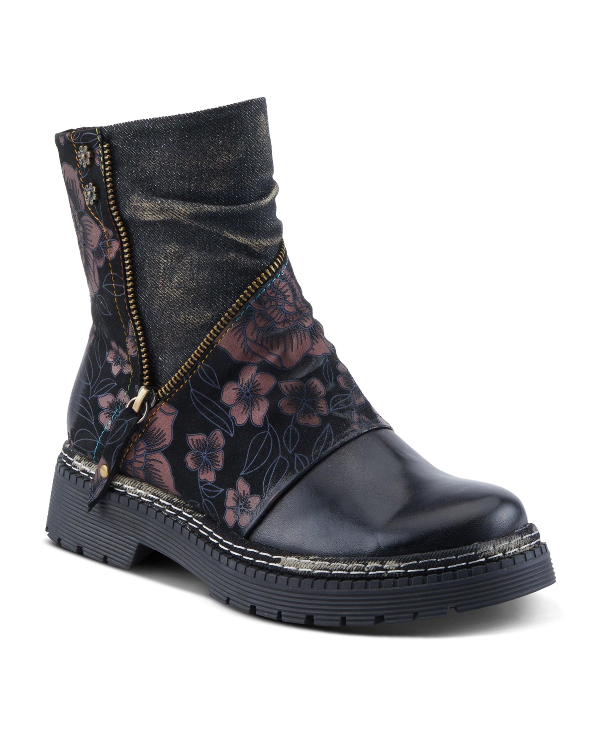L'Artiste Women's Avrilrose Leather and Denim Booties with Daisy Accents, Lug Sole, Dual Zippers, Urban Grunge Design – Unique Mixed-Material Ankl