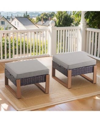 CubeEdge 2-Piece Wicker Outdoor Ottoman Patio Rattan Footrest Seat Steel Frame Foostool with Removable Olefin Cushions