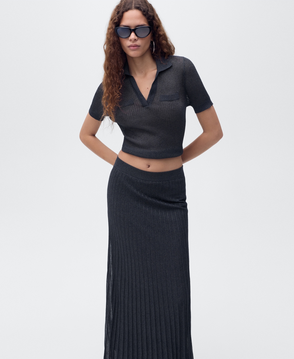 Mango Metallic Knit Pleated Skirt In Blue