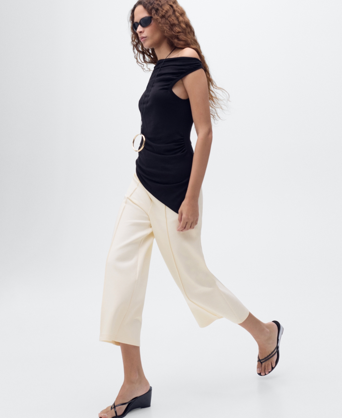 Mango Wide Leg Crop Pants In Neutral