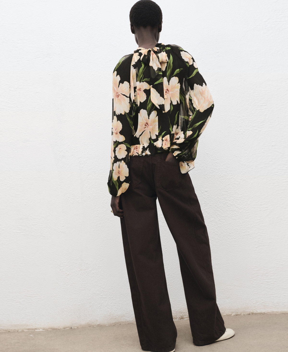 Mango Semi-transparent Floral Blouse In Black