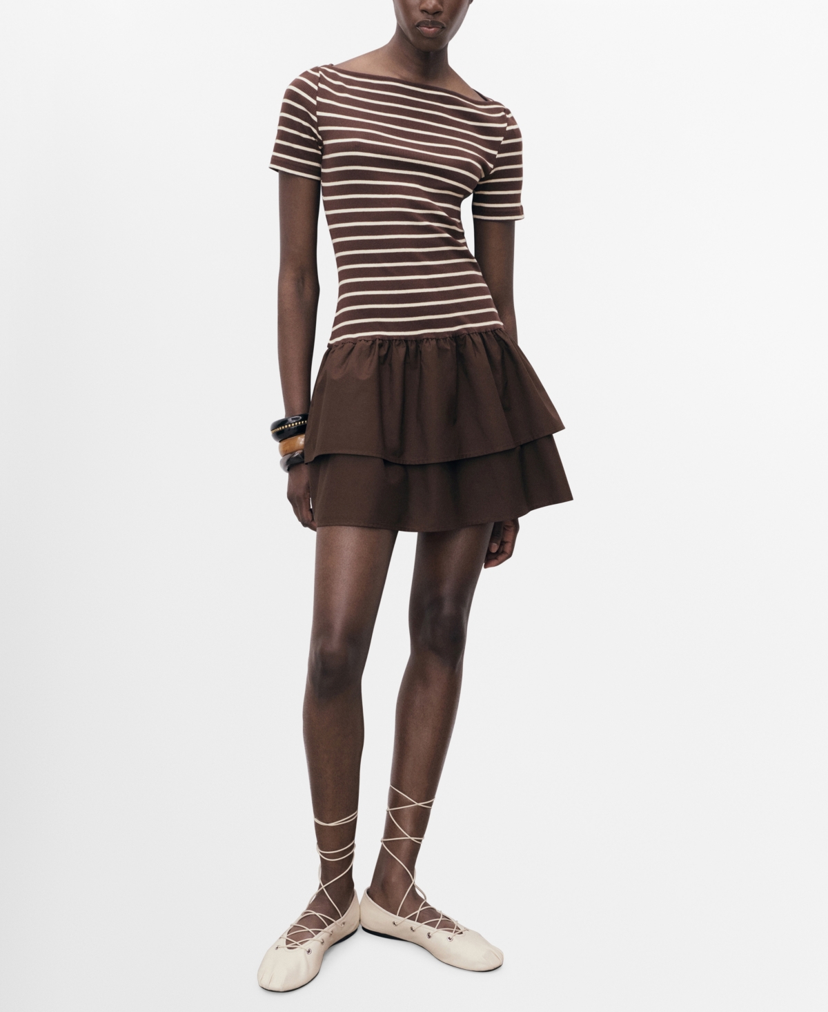 Mango Globi Stripe Layered Ruffle Dress In Brown