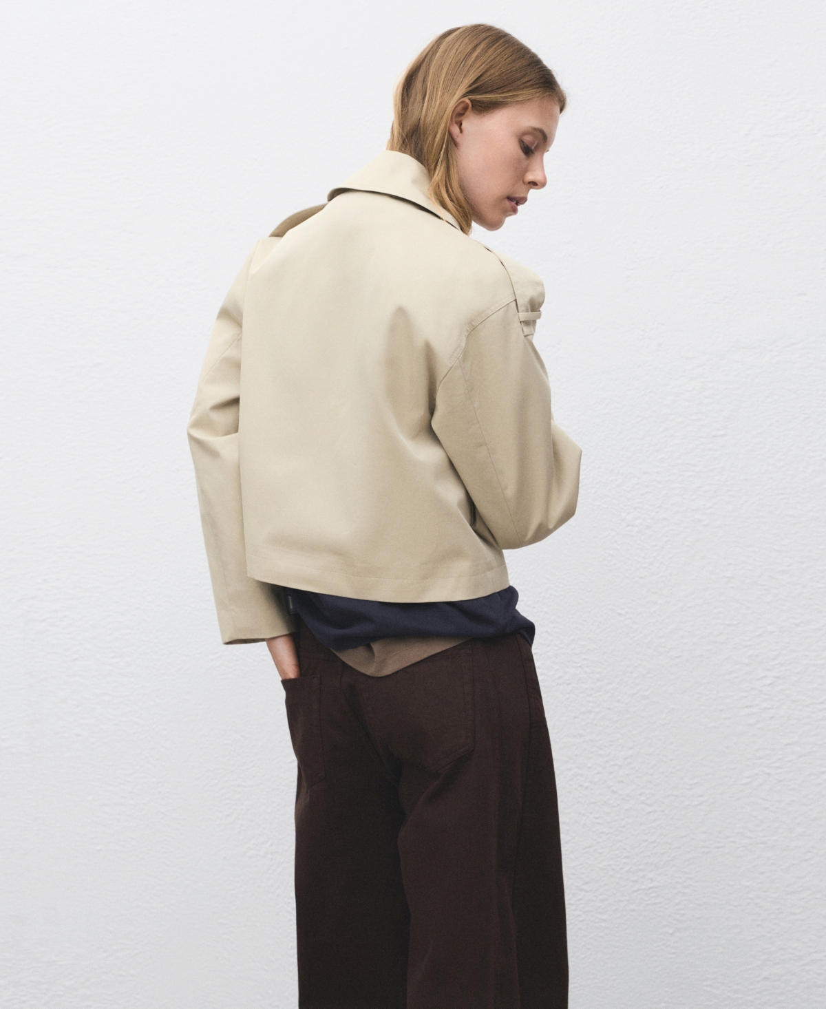 Mango Double Breasted Crop Trench Coat In Neutral