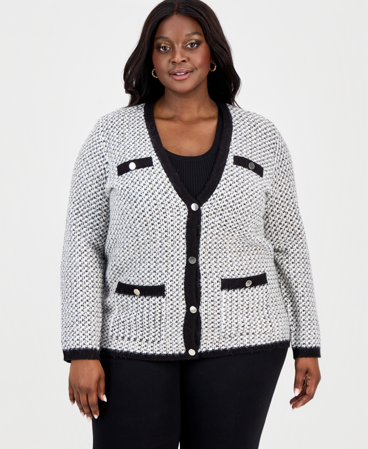 Anne Klein Plus Metallic-Threaded Boucle Cardigan