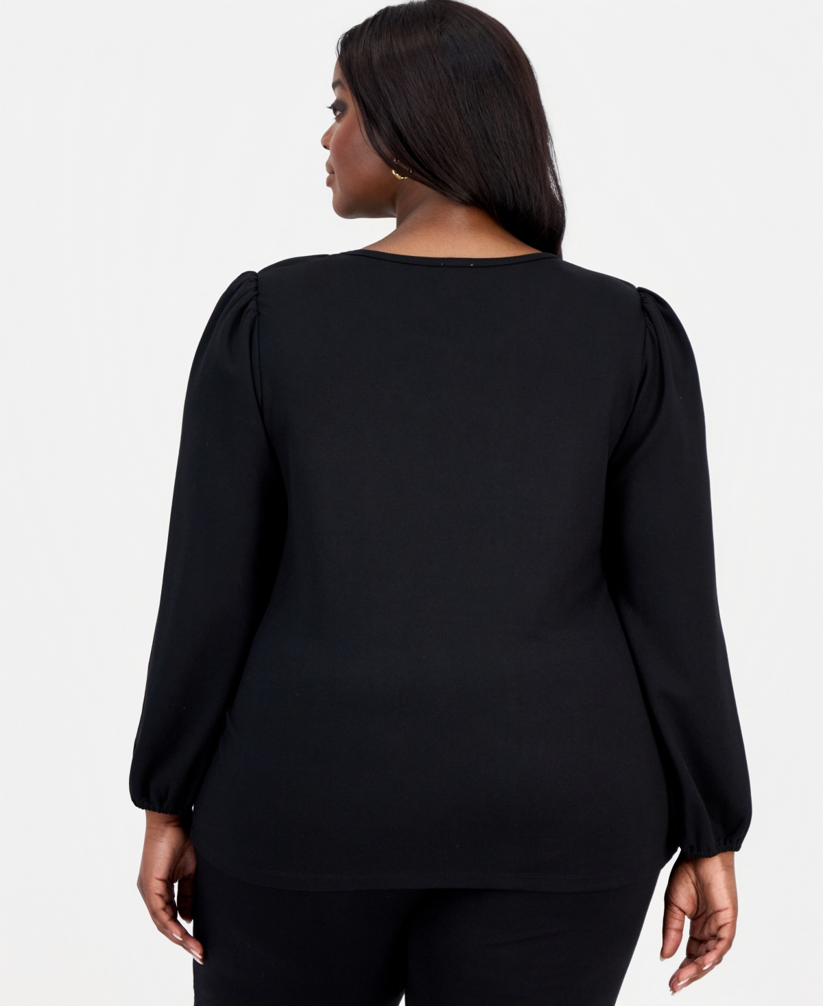 Ak Anne Klein Plus Size Blouson-sleeve Top In Black