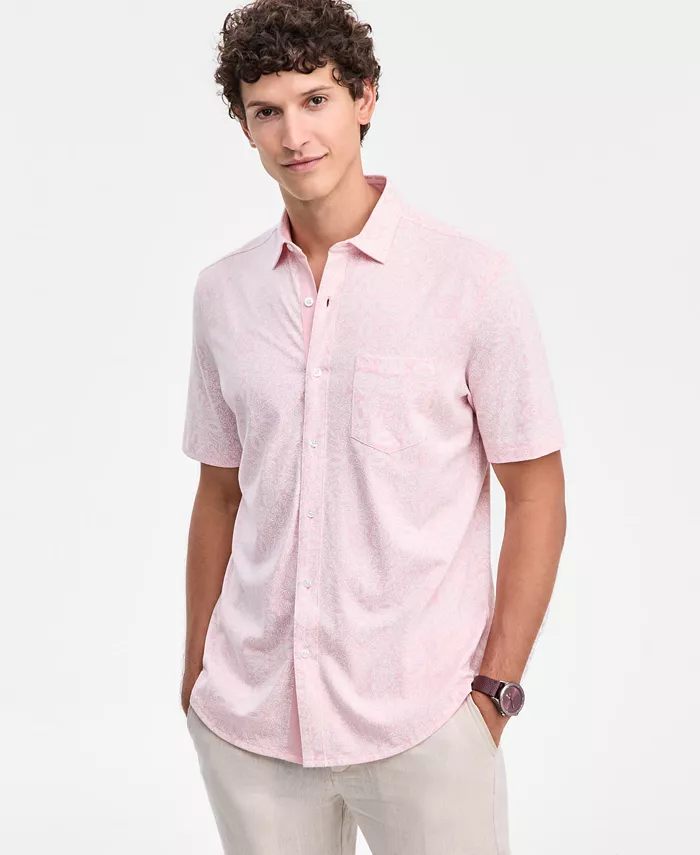 Men's Pima Cotton Medal Print Short-Sleeve Button-Up Knit Shirt