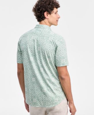 Men's Pima Cotton Medal Print Short-Sleeve Button-Up Knit Shirt
