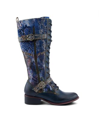 Women's Vaneyck Hand-Painted Tall Boots with Iridescent Leather, Double Buckle Detail, Lace-Up and Zipper Closure, Rainbow Stitching, and Rubber Sole – Statement Cold-Weather Style