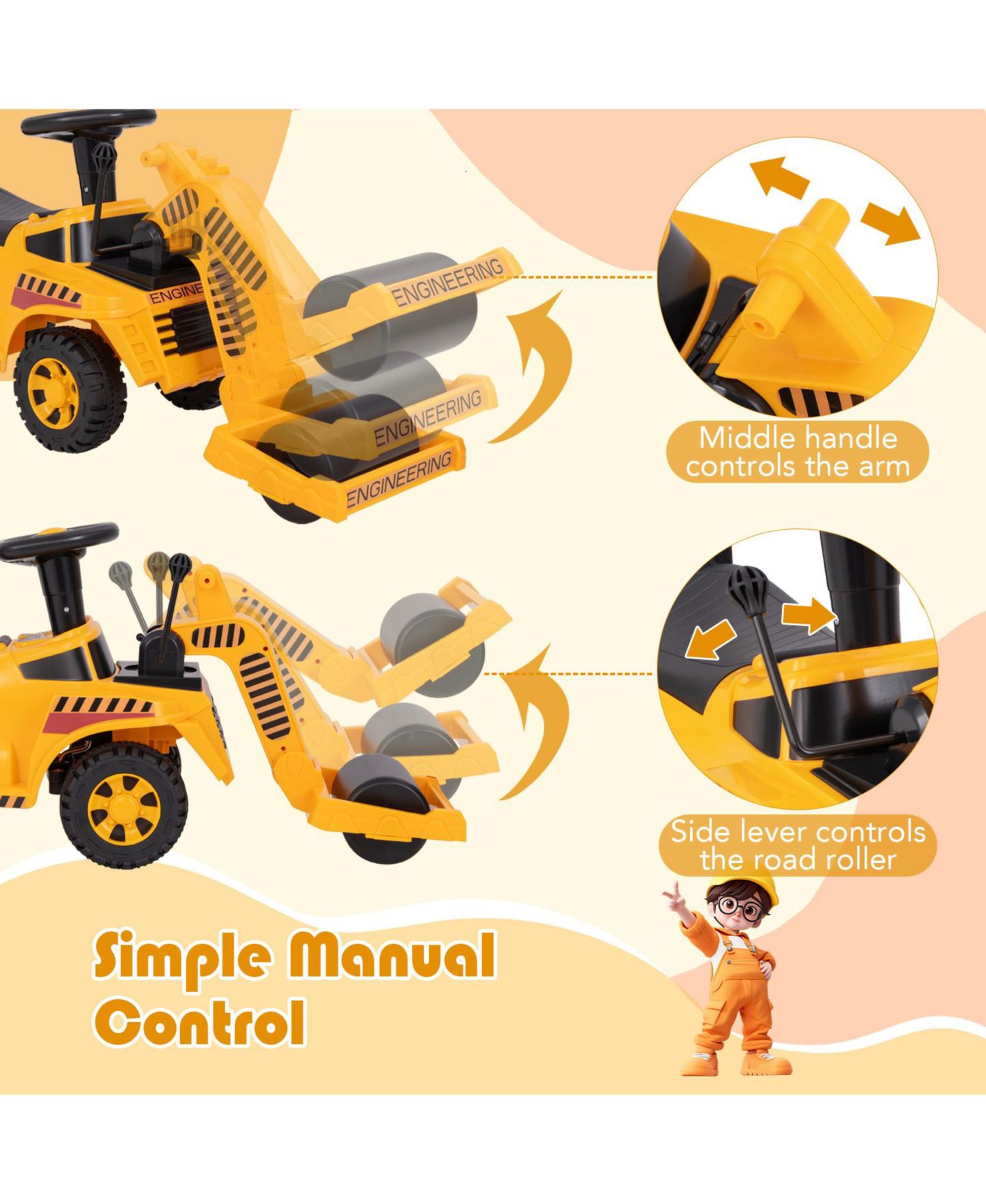 Детская игрушка Gymax Road Roller Adjustable Roller Steering Wheel with Engine Sound Ride-On, 33 lbs Capacity, Ages 19-36 Months, цвет: Жёлтый — фото 9