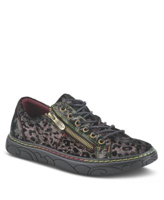 L Artiste Women s DANLI-CHEETA Hand Painted Leather Platform Sneakers with Metallic Floral Accents and Removable Insole