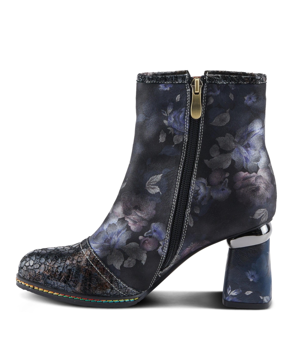 L'Artiste Women's Carre Floral Print Leather Booties with Metallic Cap Toe, Decorative Ribbons, Rainbow Stitching, and Printed Wrapped Heel – F