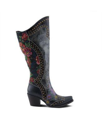 Women's Mallorie Hand-Painted Cowboy Boots with Floral and Butterfly Shaft, Snip Toe,  and Velvet Lining – Western-Inspired Tall Boots