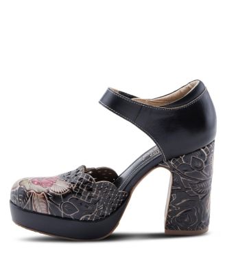 Women's Debbihary Hand-Painted Leather Mary Jane Pumps with Rose Embossing, Cutouts, Adjustable Strap, and 4-Inch Leather-Wrapped Heel