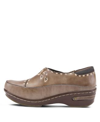 L Artiste Women s BURBANK Hand-Painted Leather Clogs with Floral Embossing and Elastic Insets